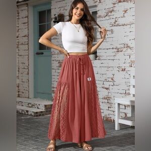 Tarse  Rust Red linen wide leg pant with Lace Panel on the sides